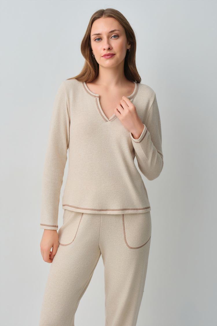 Krem Melanj Comfort V Yaka Pijama Takımı