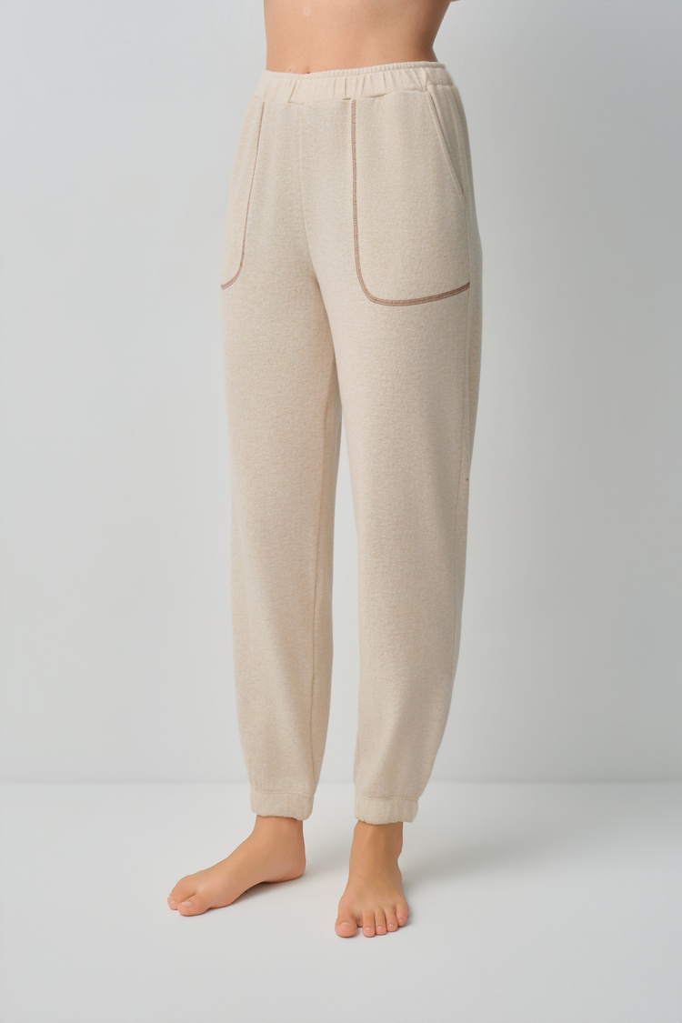 Krem Melanj Comfort V Yaka Pijama Takımı