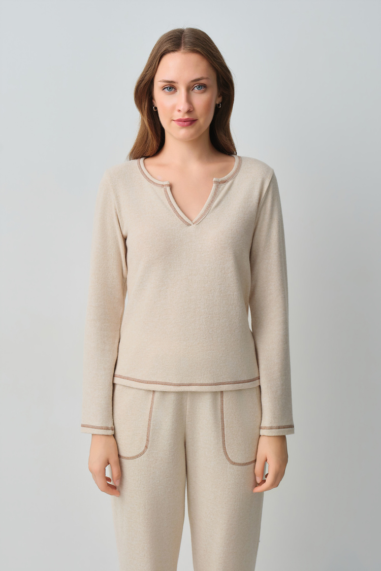 Krem Melanj Comfort V Yaka Pijama Takımı