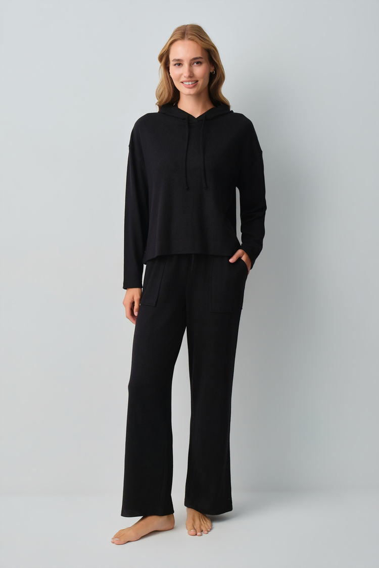 Siyah Comfort Kapüşonlu Pijama Takımı