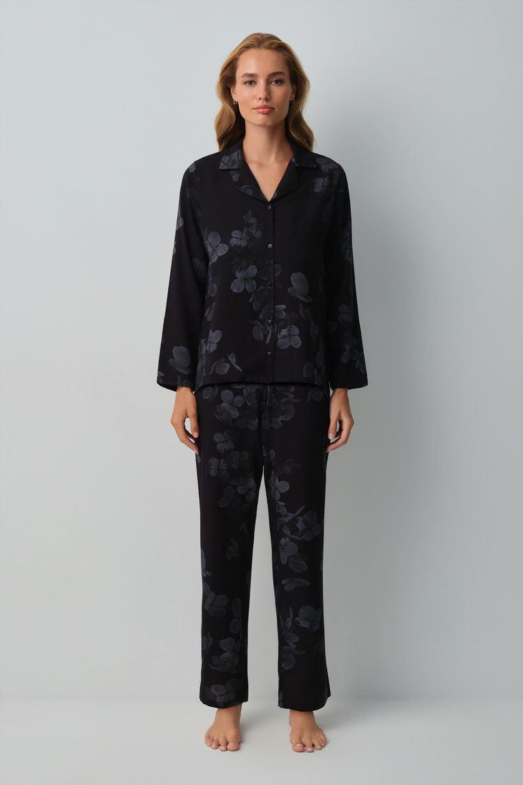 Black Print Maria Shirt Collar Pyjamas Set