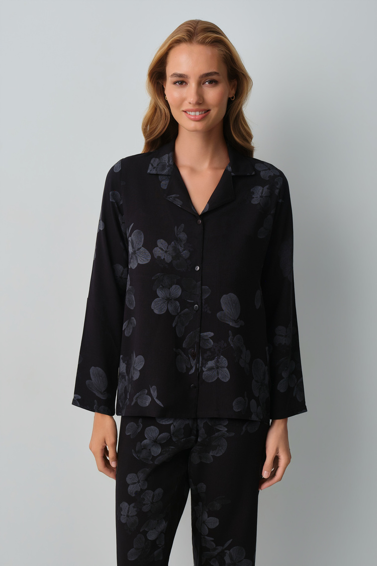 Black Print Maria Shirt Collar Pyjamas Set