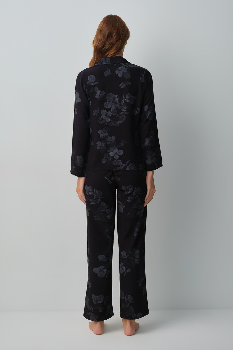 Black Print Maria Shirt Collar Pyjamas Set