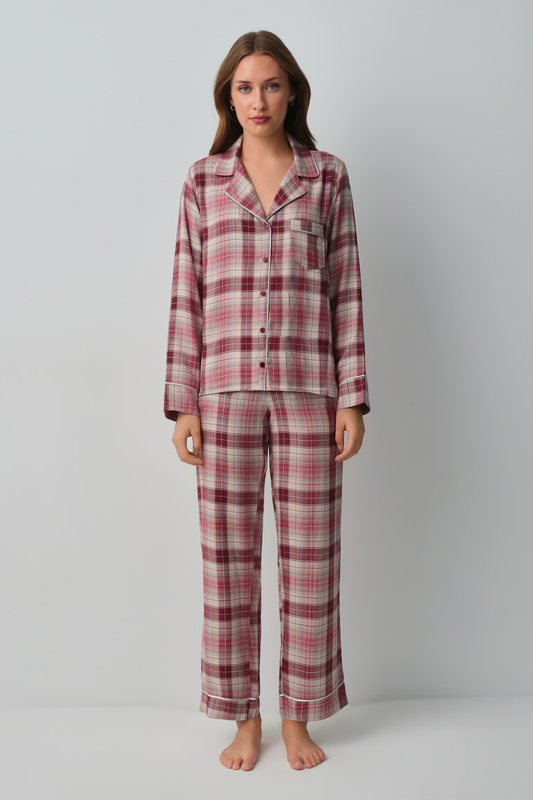 Pink Plaid Siamore Shirt Collar Plaid Pyjamas Set