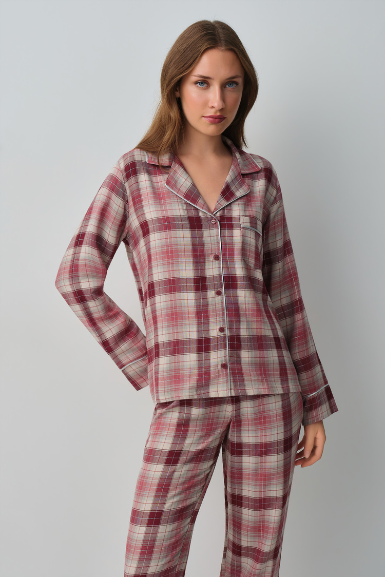 Pink Plaid Siamore Shirt Collar Plaid Pyjamas Set
