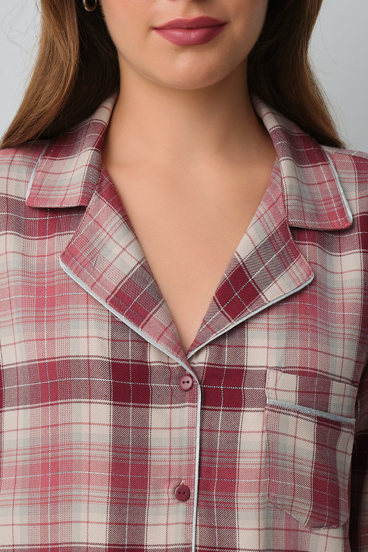 Pink Plaid Siamore Shirt Collar Plaid Pyjamas Set