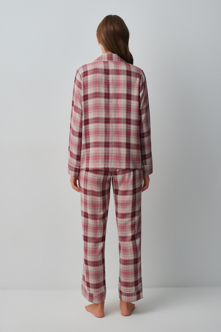 Pink Plaid Siamore Shirt Collar Plaid Pyjamas Set