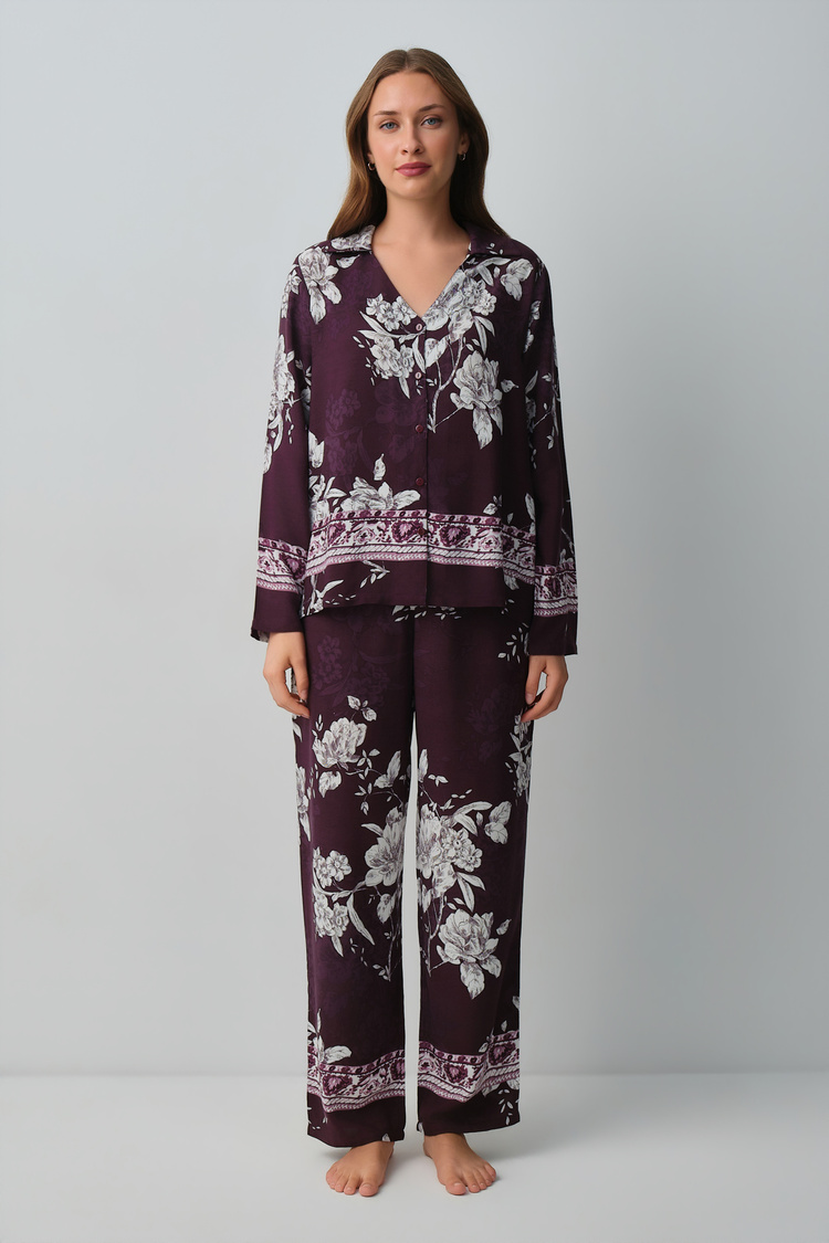 Mürdüm Desenli Mariana Gömlek Yaka Pijama Takımı