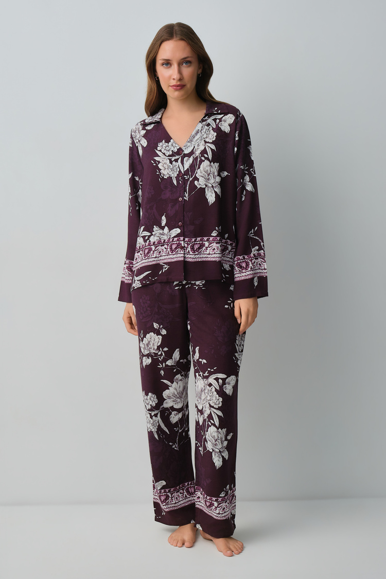 Mürdüm Desenli Mariana Gömlek Yaka Pijama Takımı