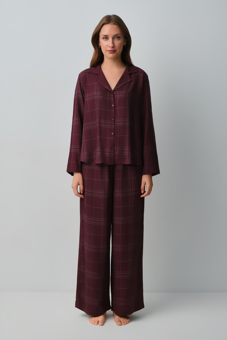 Mürdüm Ekoseli Mariana Gömlek Yaka Pijama Takımı