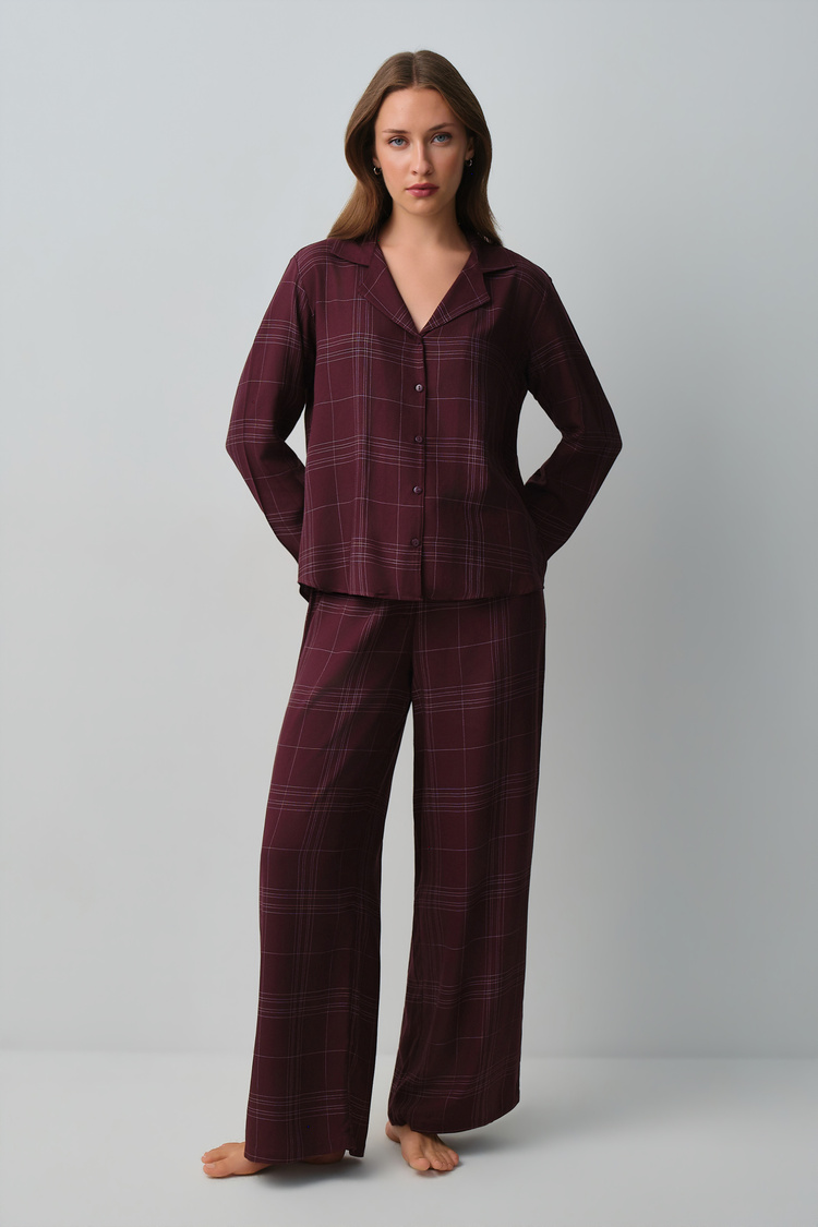 Mürdüm Ekoseli Mariana Gömlek Yaka Pijama Takımı