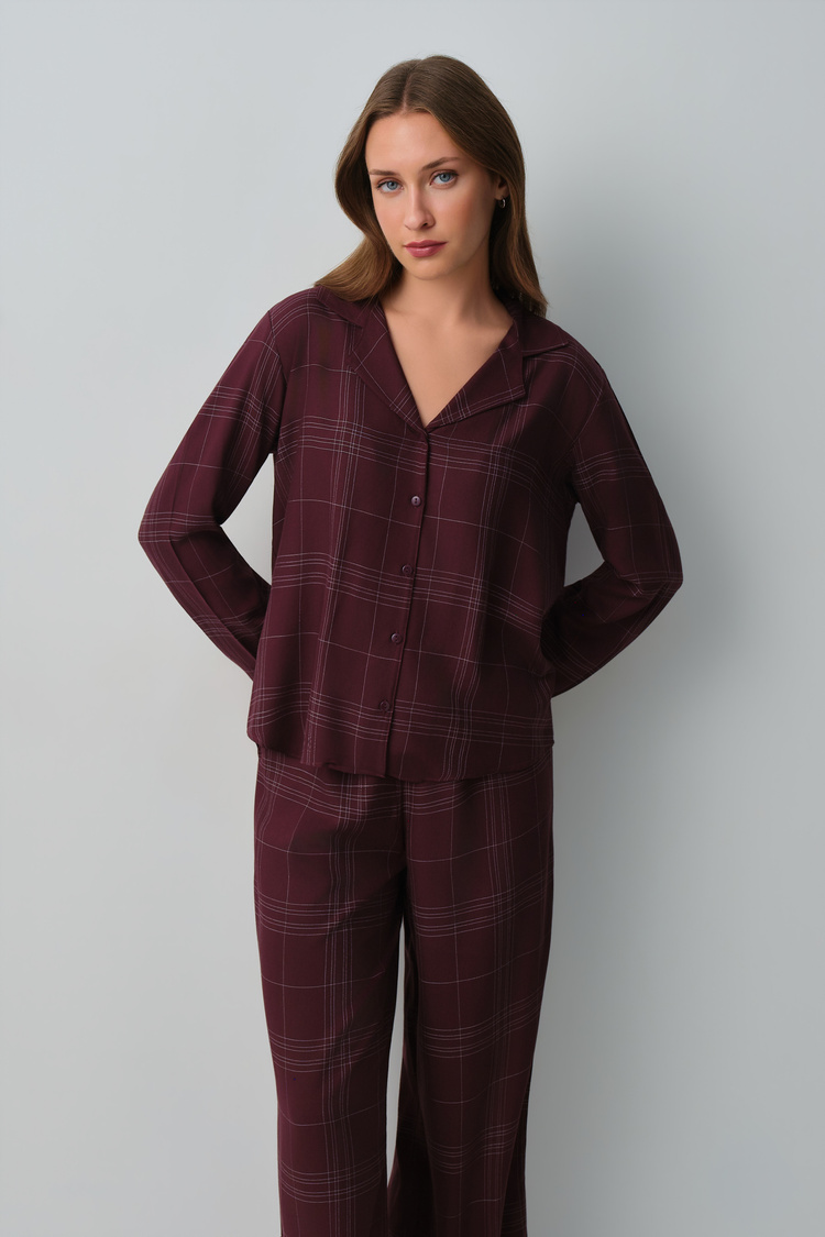 Mürdüm Ekoseli Mariana Gömlek Yaka Pijama Takımı
