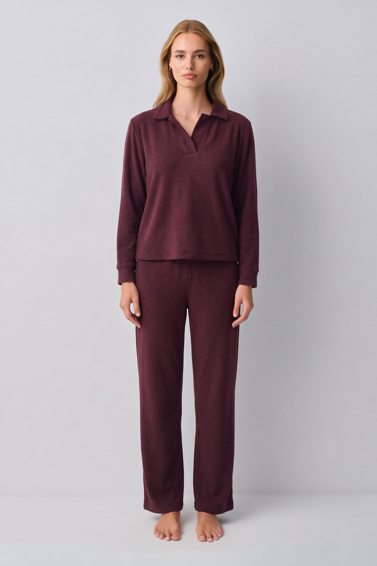 Bordo Comfort Club Yakalı Pijama Takımı