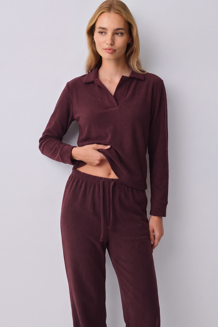 Bordo Comfort Club Yakalı Pijama Takımı