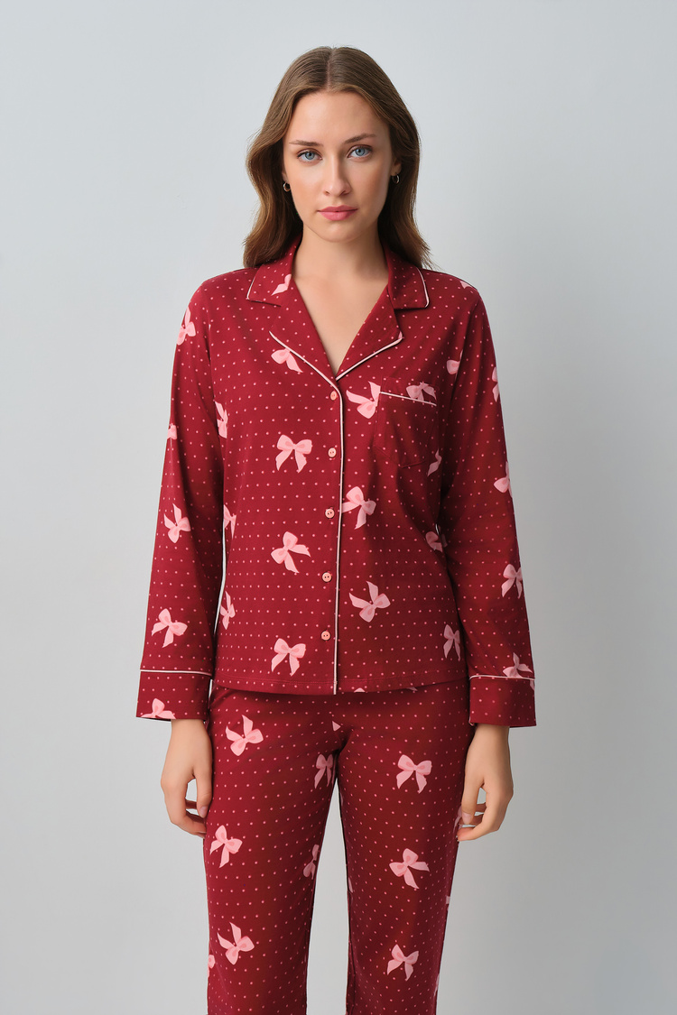 Kırmızı Kalpli Teddy Ribbon Gömlek Yaka Pijama Takımı