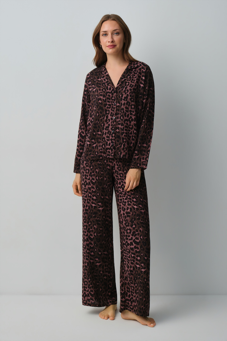 Black Print Meloni Shirt Collar Pyjamas Set