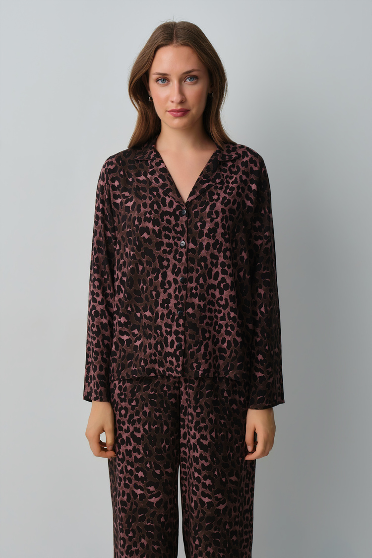 Black Print Meloni Shirt Collar Pyjamas Set