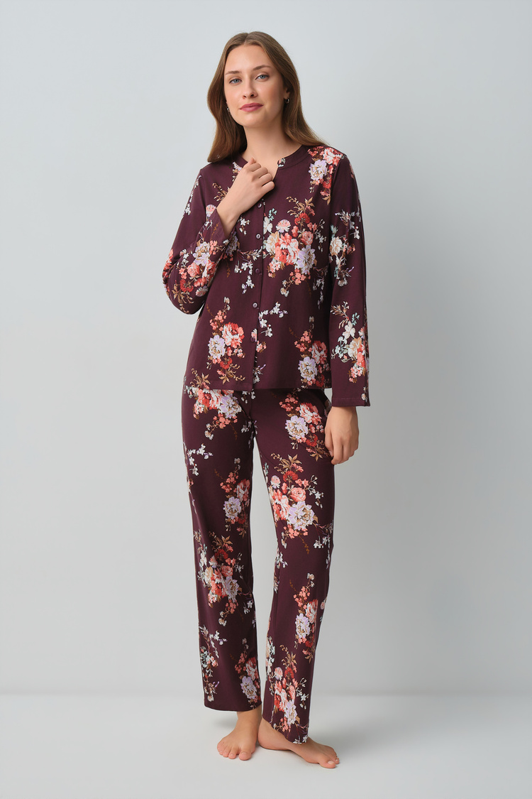 Burgundy Print Mimoza Shirt Collar Pyjamas Set