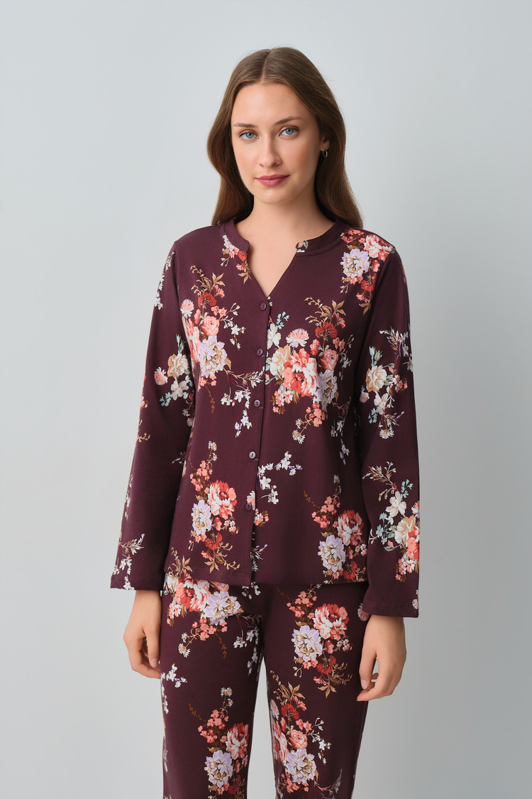 Burgundy Print Mimoza Shirt Collar Pyjamas Set