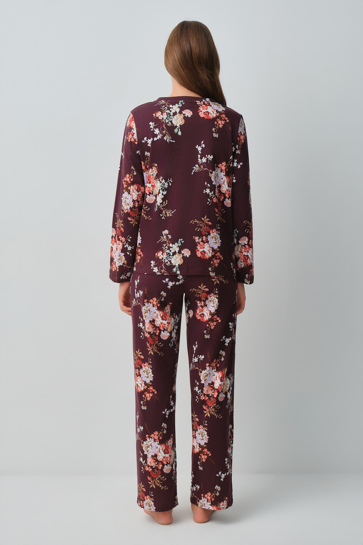 Burgundy Print Mimoza Shirt Collar Pyjamas Set