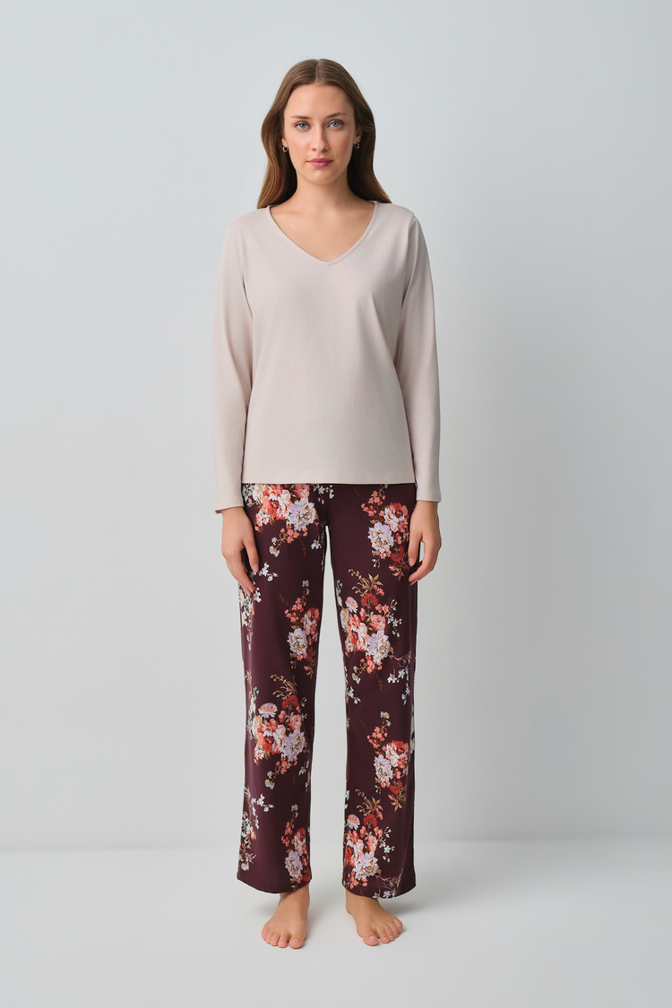 Bordo Desenli Mimoza Pamuklu Pijama Takımı