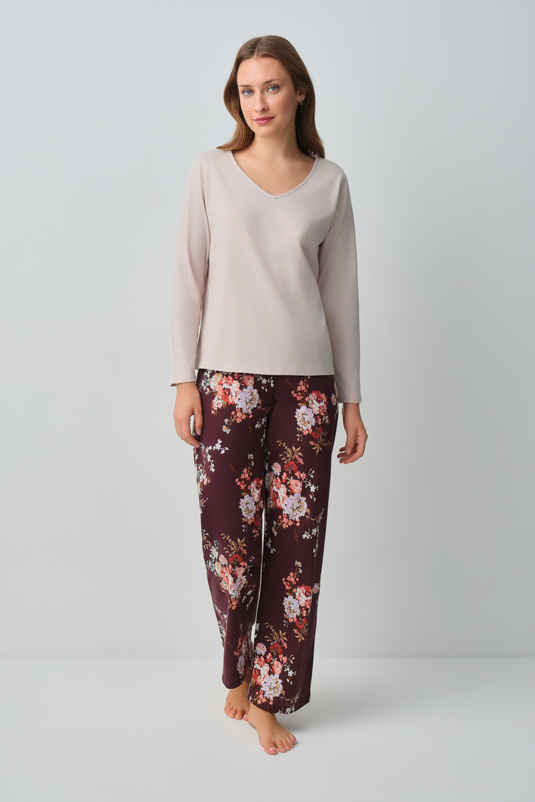 Bordo Desenli Mimoza Pamuklu Pijama Takımı