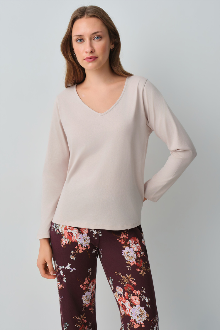 Bordo Desenli Mimoza Pamuklu Pijama Takımı