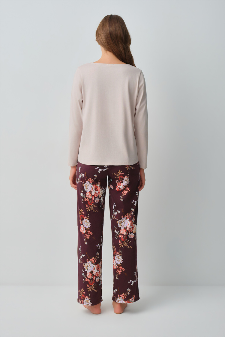 Bordo Desenli Mimoza Pamuklu Pijama Takımı