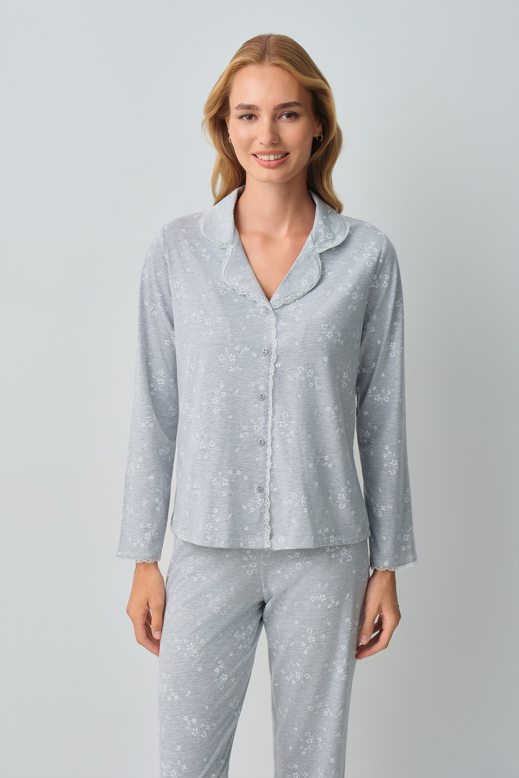 Gri Melanj Desenli Griss Gömlek Yaka Pijama Takımı