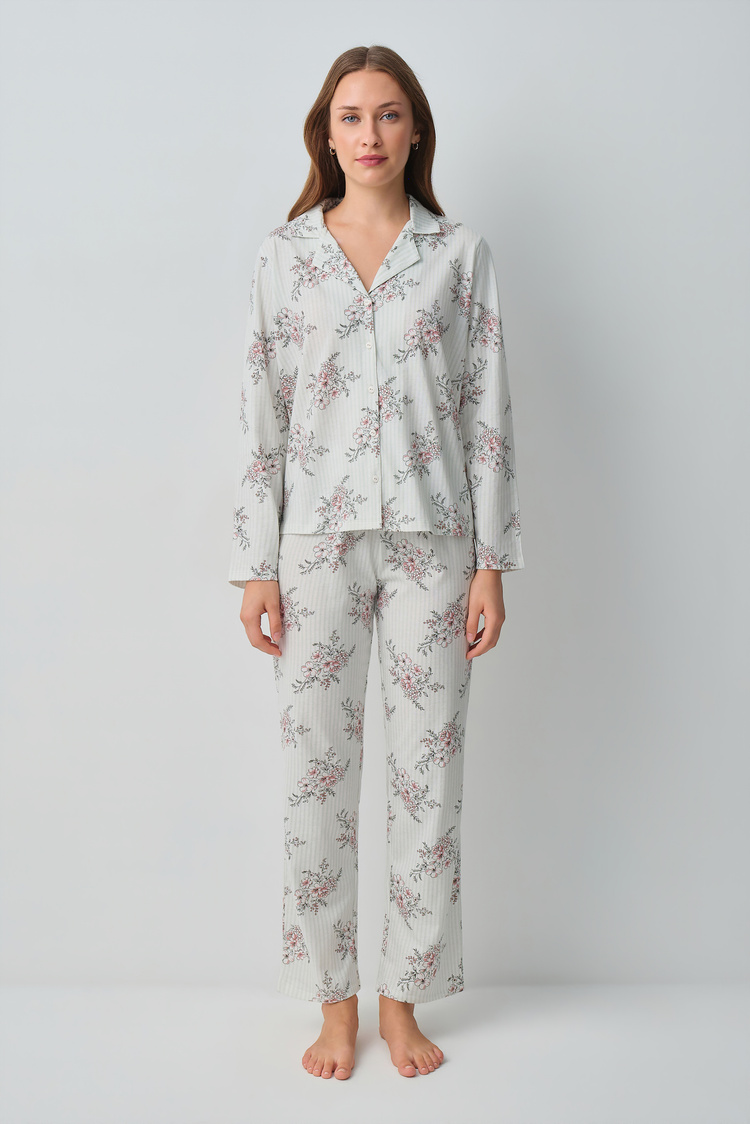 Ekru Çizgili Luda Pamuklu Gömlek Yaka Pijama Takımı