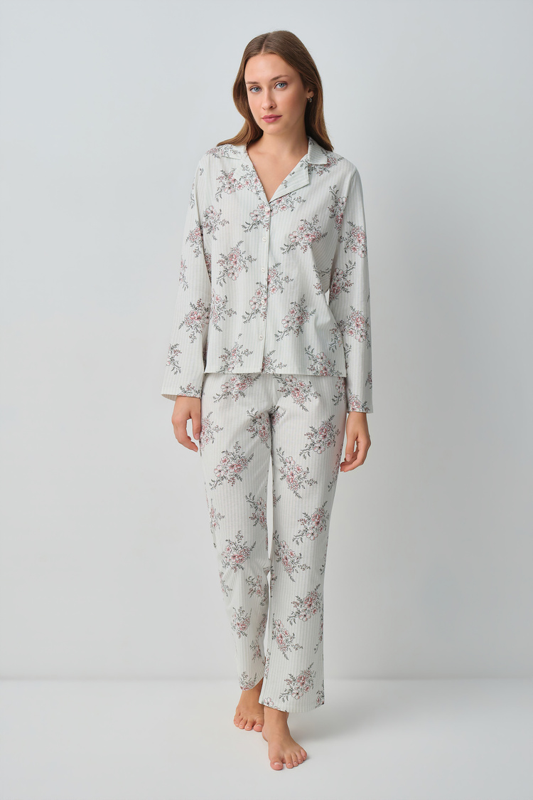 Ekru Çizgili Luda Pamuklu Gömlek Yaka Pijama Takımı