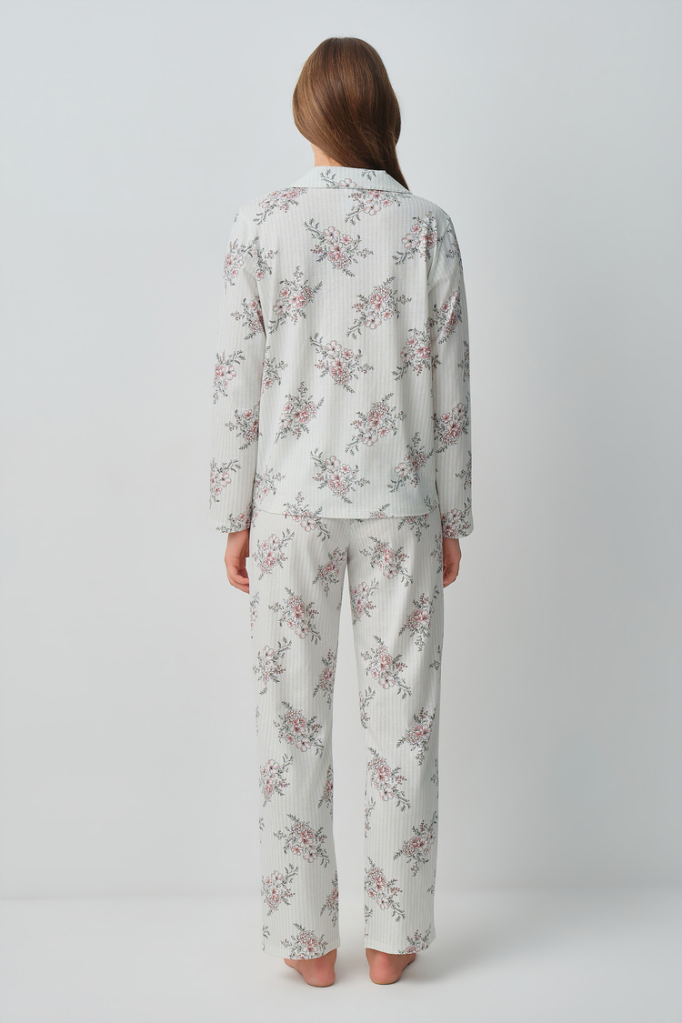 Ekru Çizgili Luda Pamuklu Gömlek Yaka Pijama Takımı