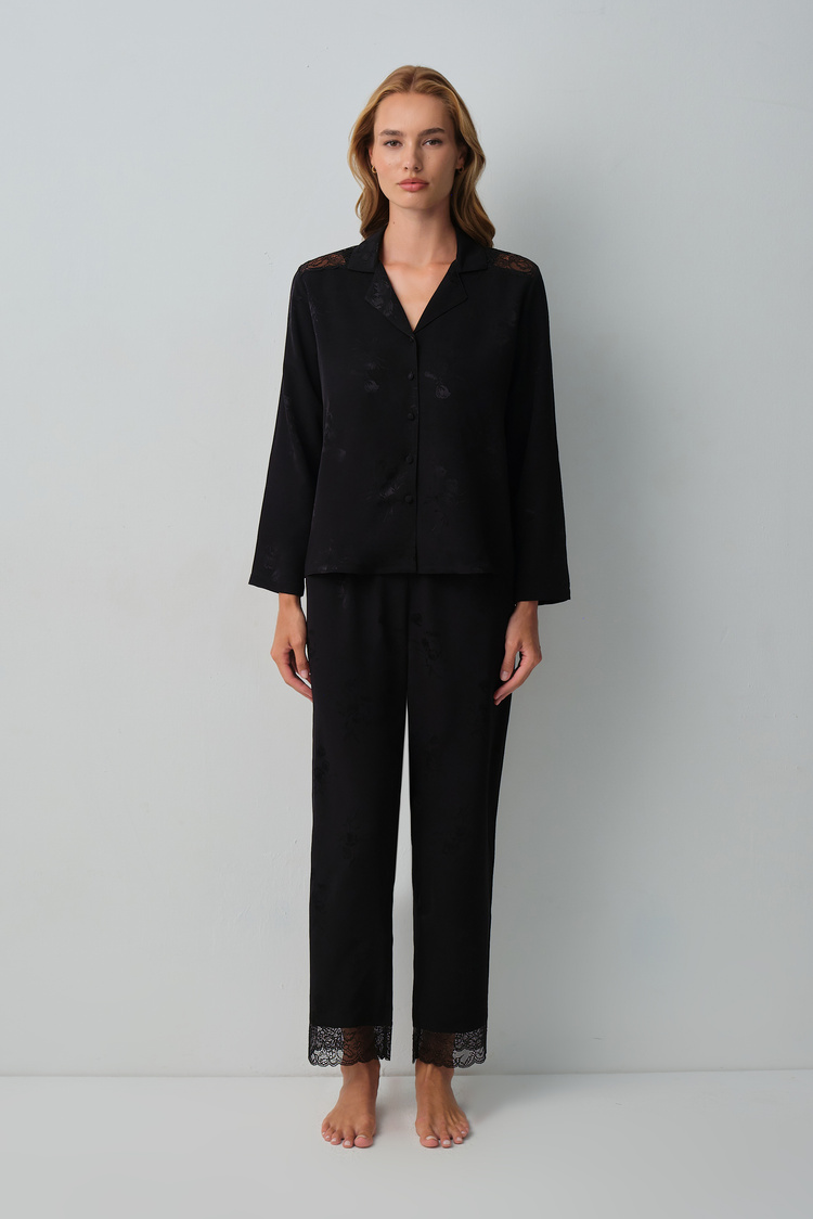 Black Private Shirt Collar Pyjamas Set