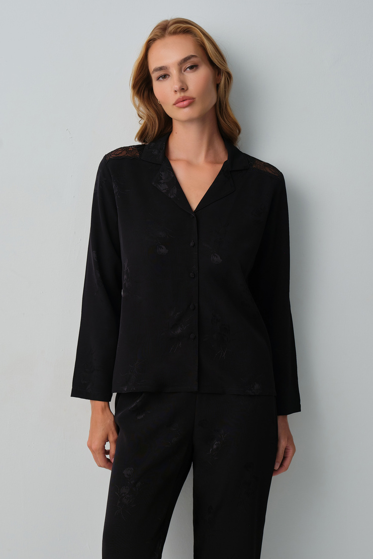 Black Private Shirt Collar Pyjamas Set