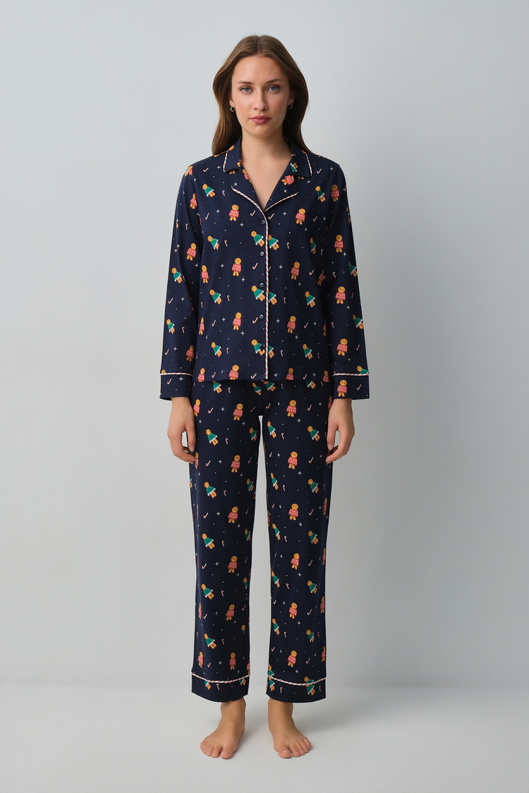 Lacivert Desenli Ginger Gömlek Yaka Pijama Takımı