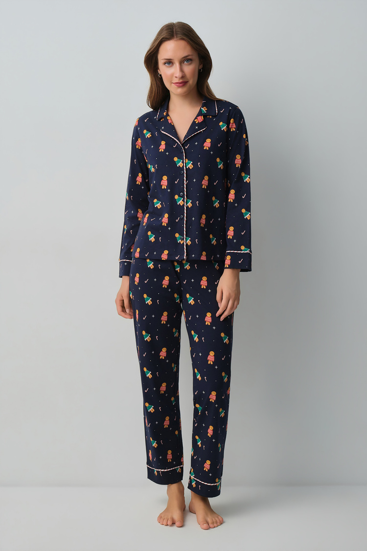 Lacivert Desenli Ginger Gömlek Yaka Pijama Takımı