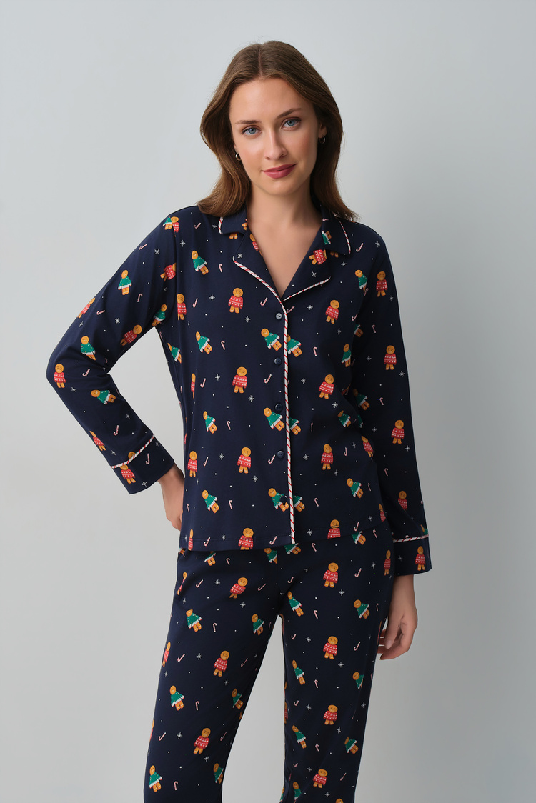 Lacivert Desenli Ginger Gömlek Yaka Pijama Takımı