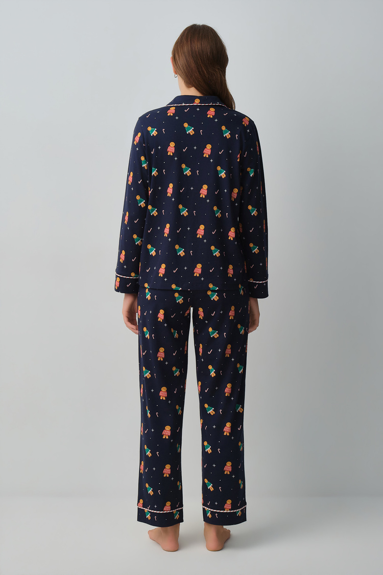 Lacivert Desenli Ginger Gömlek Yaka Pijama Takımı