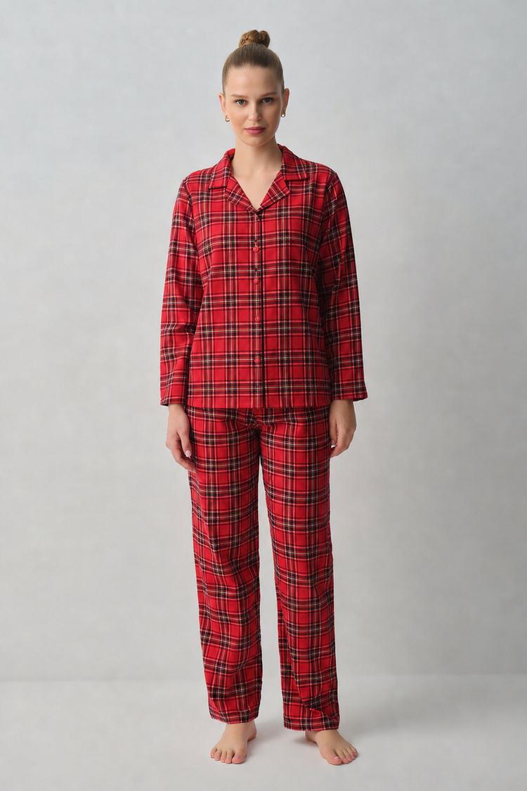 Kırmızı Plaid Gömlek Yaka Pijama Takımı