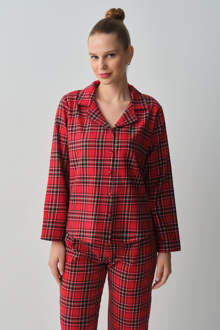 Kırmızı Plaid Gömlek Yaka Pijama Takımı