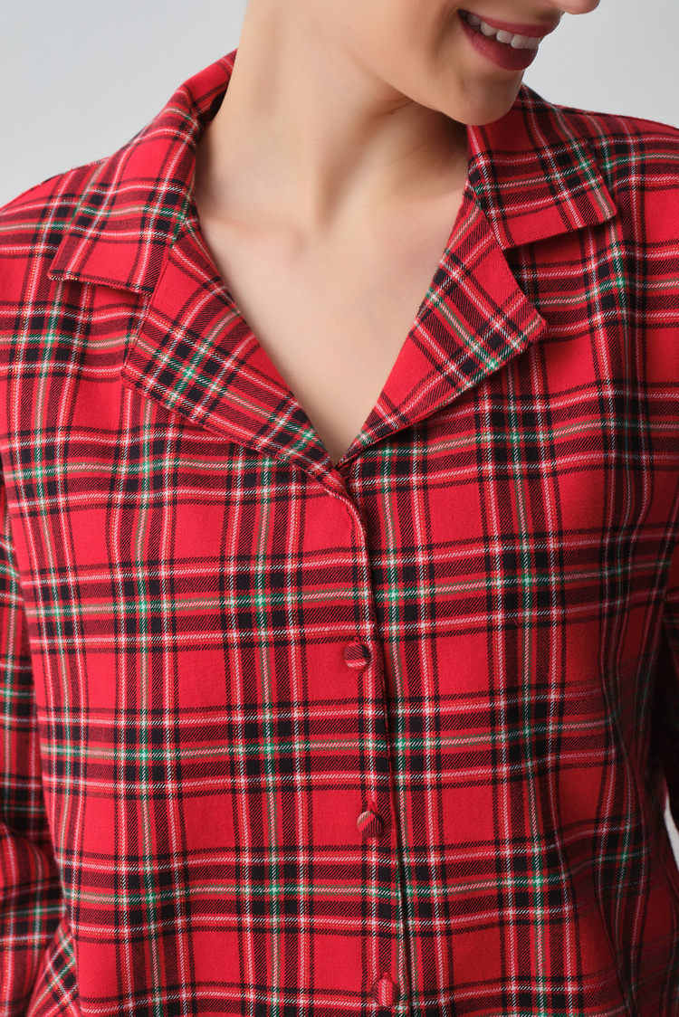 Kırmızı Plaid Gömlek Yaka Pijama Takımı