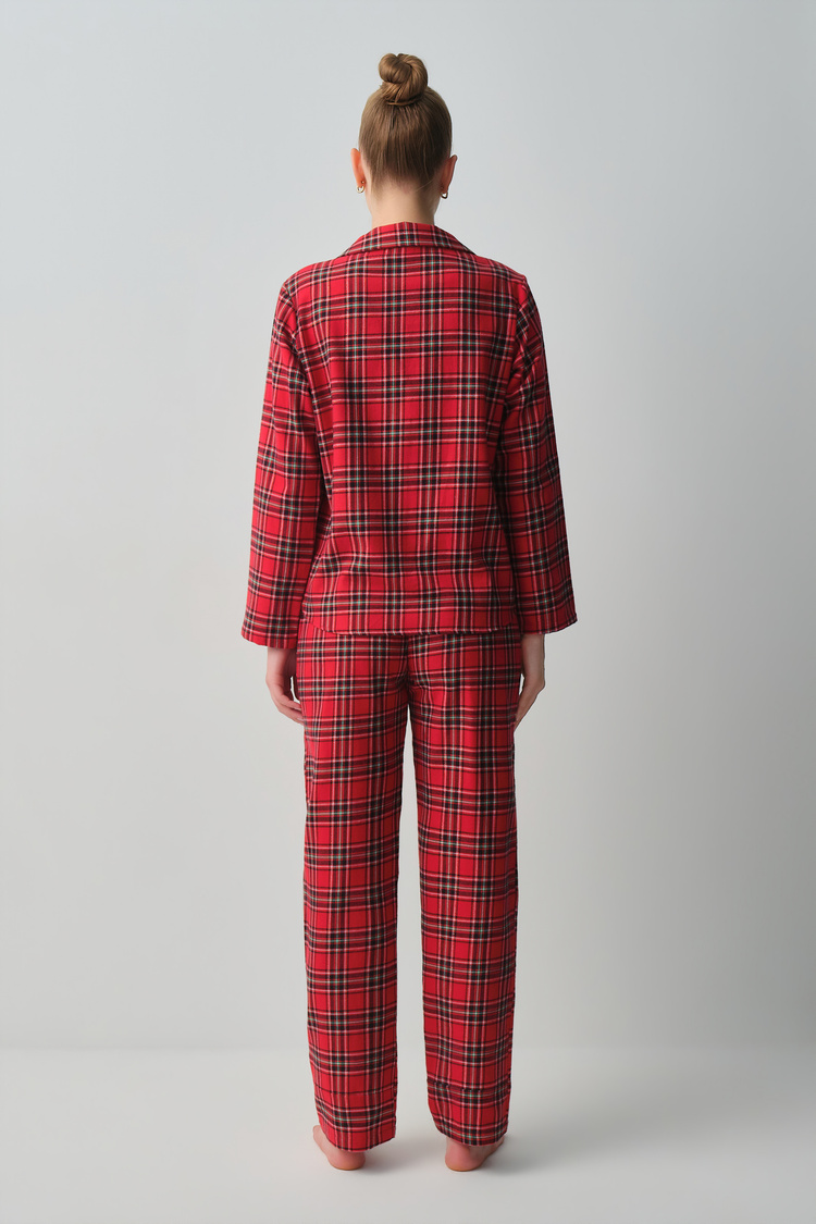Kırmızı Plaid Gömlek Yaka Pijama Takımı