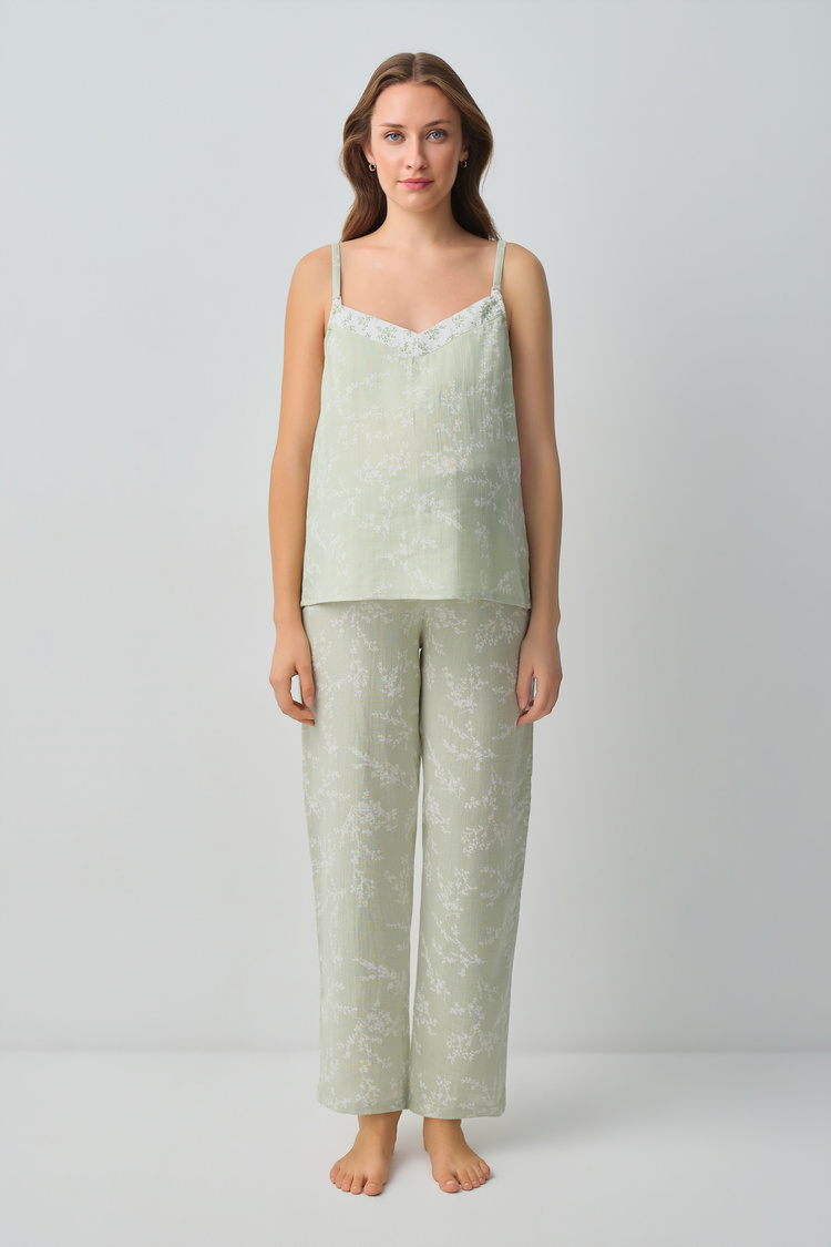 Yeşil Desenli Cindy Pamuklı Hamile Lohusa Pijama Takımı
