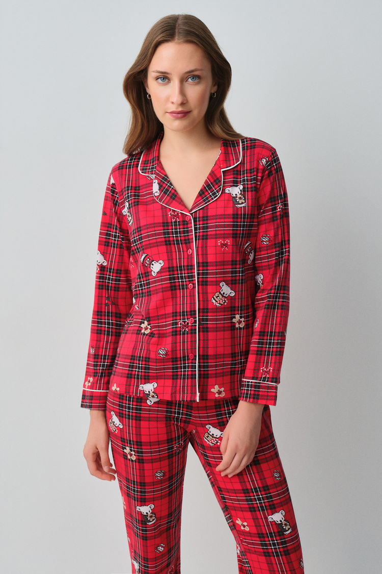 Red Plaid Print Koalina Shirt Collar Pyjamas Set