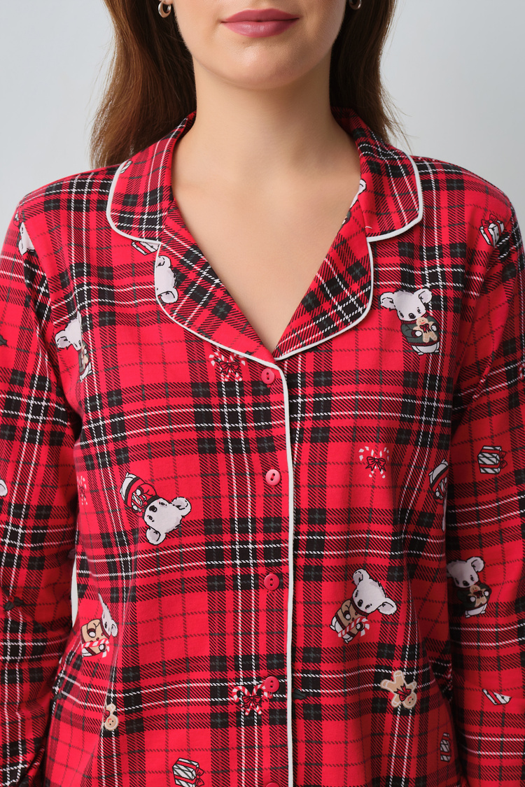 Red Plaid Print Koalina Shirt Collar Pyjamas Set