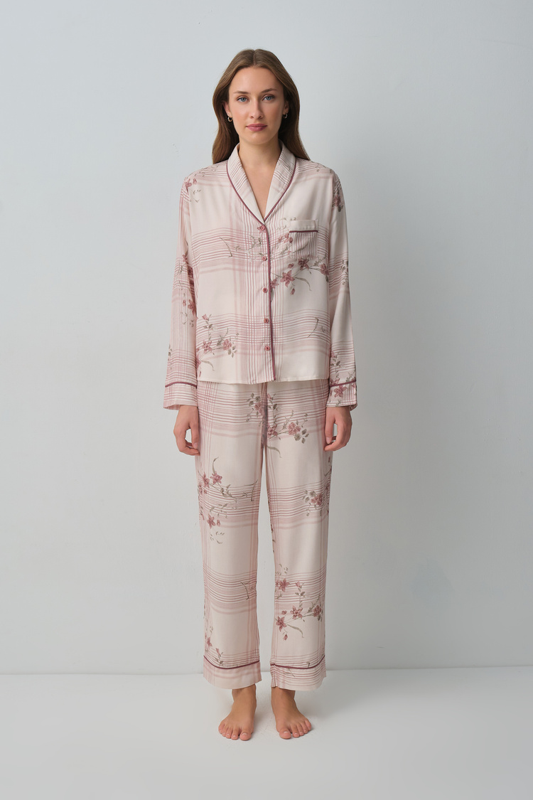 Krem Siera Gömlek Yaka Pijama Takımı