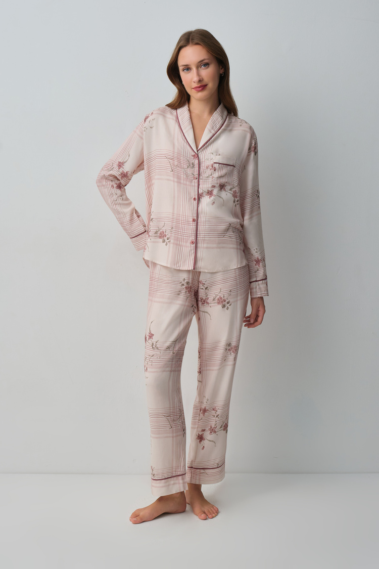 Krem Siera Gömlek Yaka Pijama Takımı