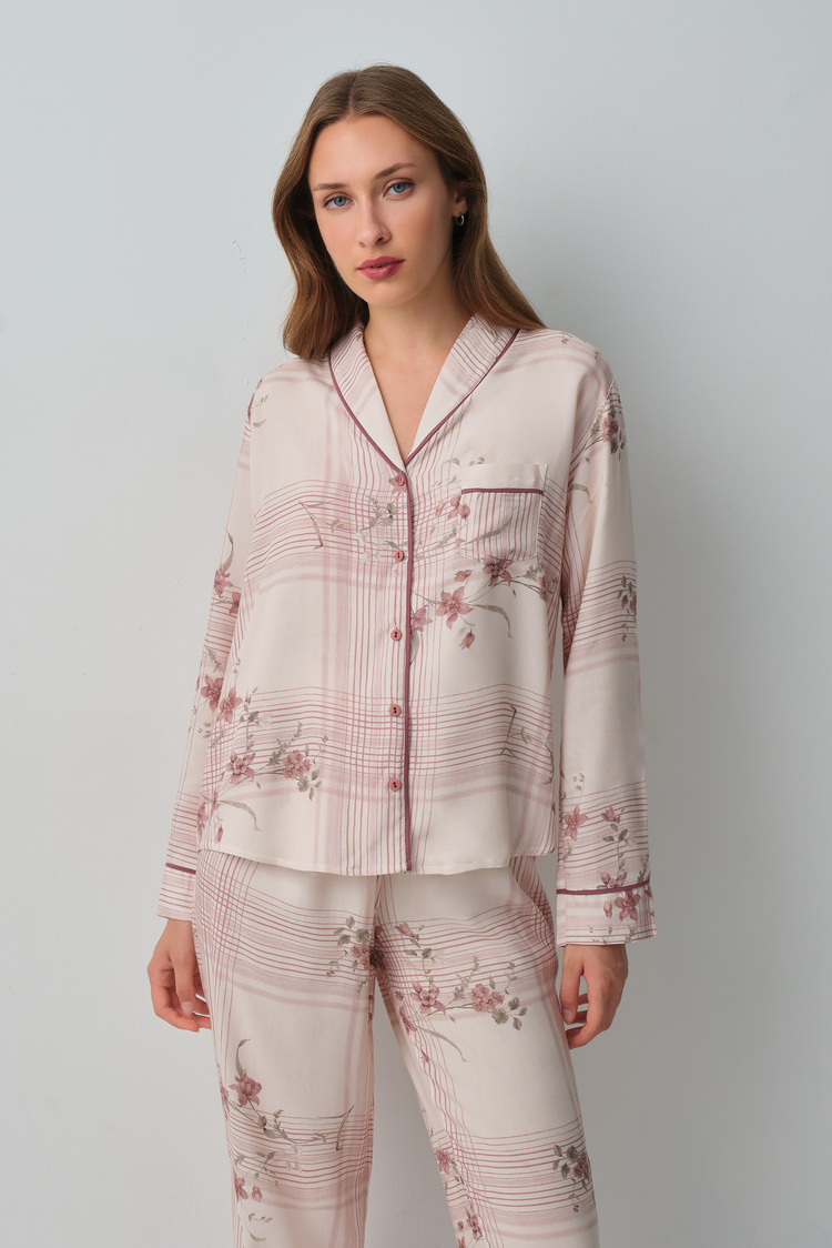 Krem Siera Gömlek Yaka Pijama Takımı