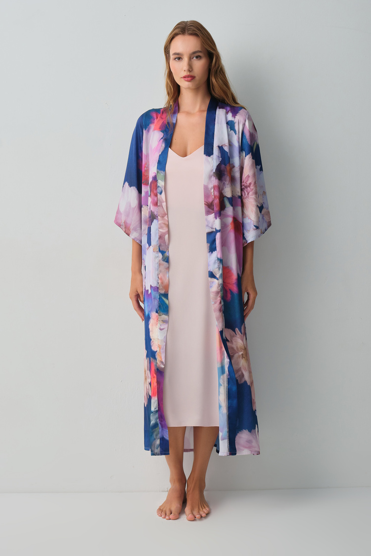 Petrol Floral Long Morning Gown