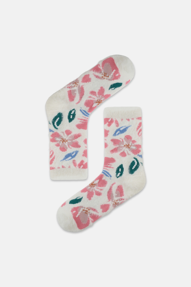Ekru Fluffy Flower Soket Çorap